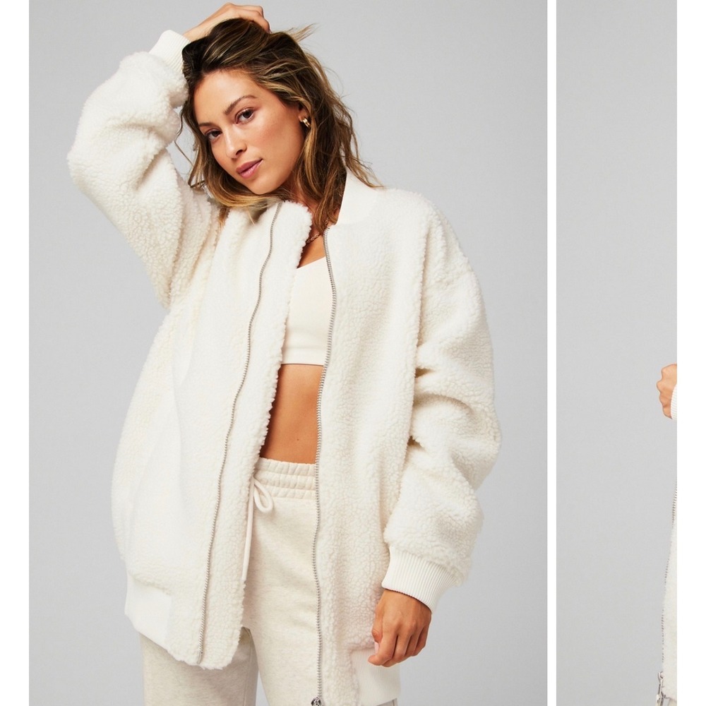 Fabletics Teddy Oversized Sherpa Bomber Jacket M White Bone Fleece Zip Coat Cozy
